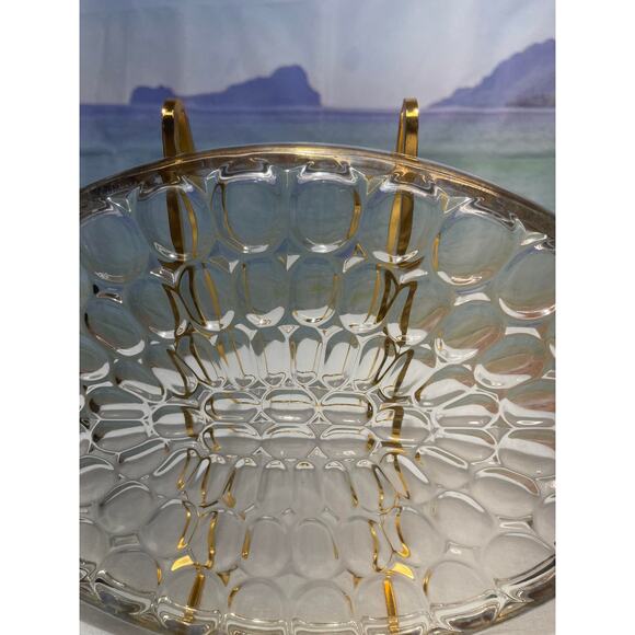 Vintage Jeannette 12" Handled Glass Tray Thumbprint Gold Trim Platter Glassware - Picture 3 of 9